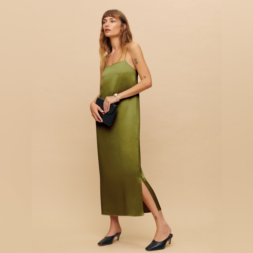 Reformation Green Crinkle Midi Slip Dress Pear Olive Minimalist